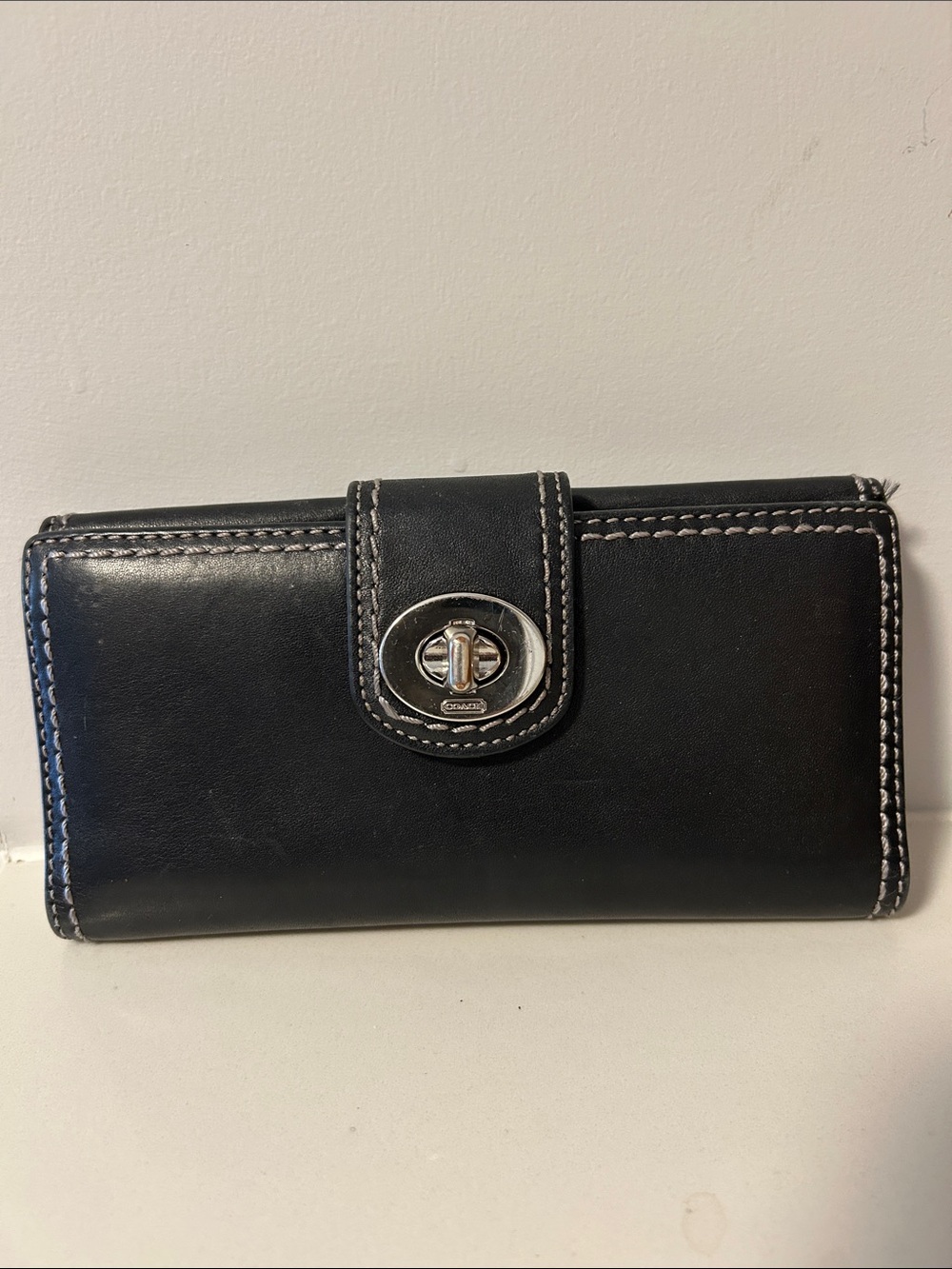Coach Hampton Black Leather Wallet with Silver Turn-Lock